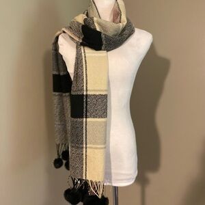 Plaid scarf wrap with pom pom trim